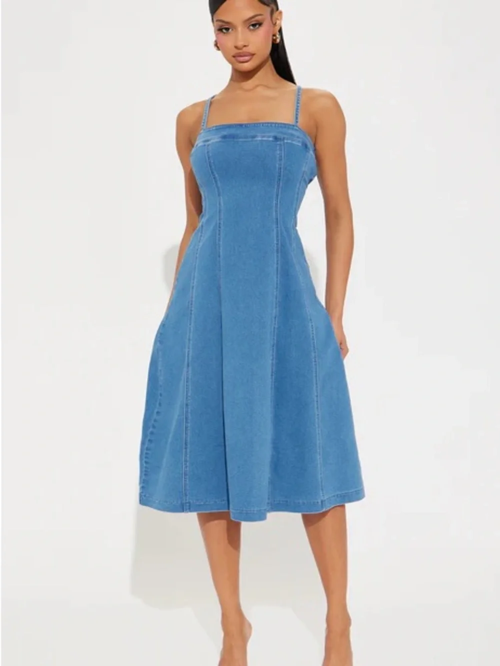 Blue Denim Square-Neck Midi Dress XL NWT - Picture 1 of 5